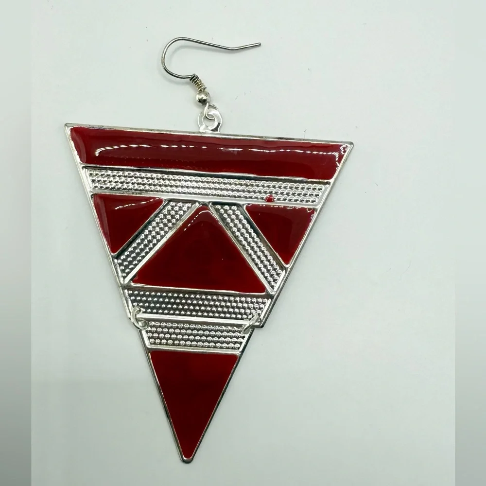 Red Silver Triangle Drop Earrings | Geometric Art Deco Statement